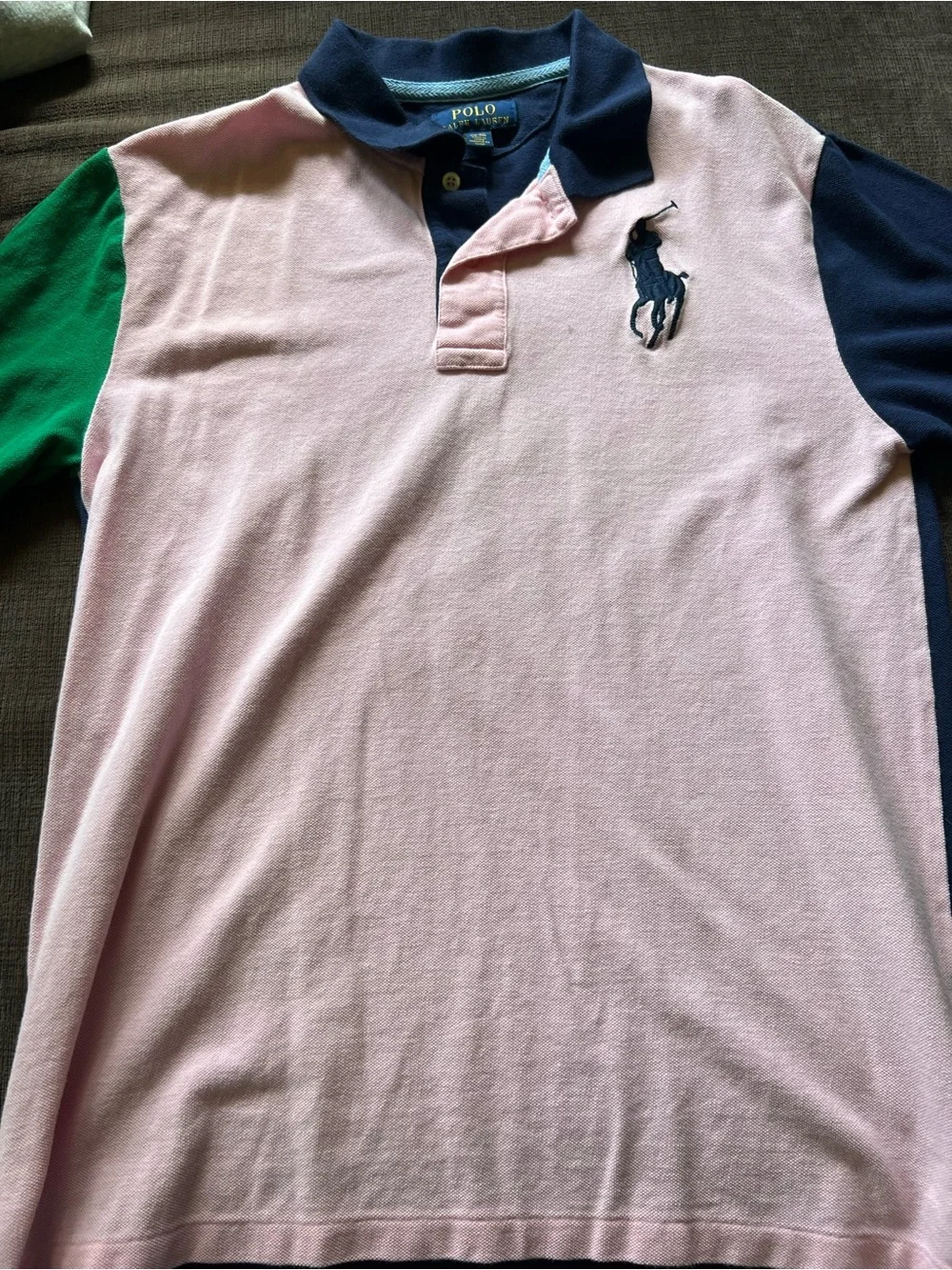 Ralph Lauren Pink Polo with Navy Collar and Green Left Sleeve